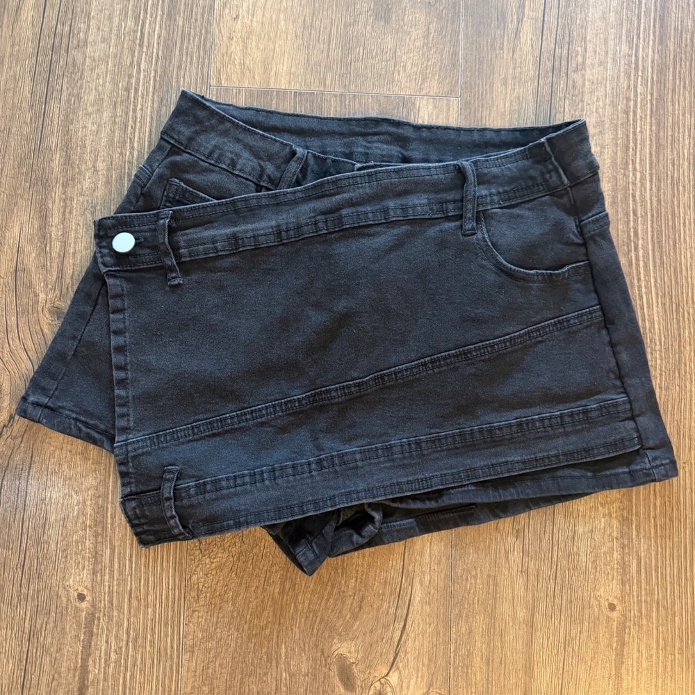 Denim Asymmetrical Wrap Skort Medium Black Crossover Shorts Grunge Y2K Festival